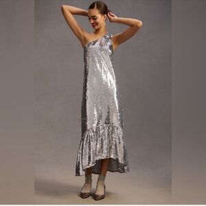 Maeve my Anthropologie Silver Sequin One-Shoulder Dress size XL
